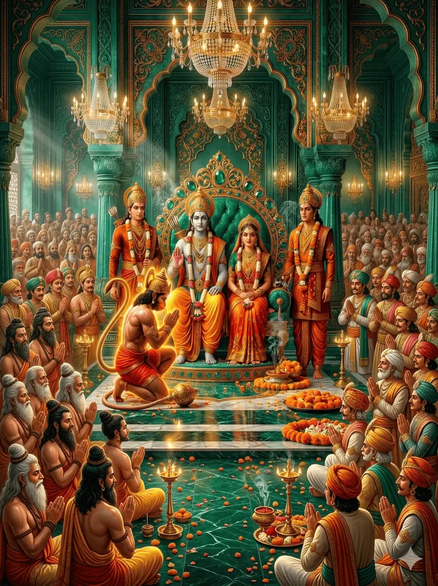 "The grand coronation ceremony of Lord Rama and Goddess Sita, seated together on a majestic golden throne. They are surrounded by Lakshmana, Bharata, and Shatrughna, while Lord Hanuman kneels respectfully at their feet. The entire royal assembly, filled with sages and citizens, gathers inside a magnificent green and gold palace hall to witness the historic moment."