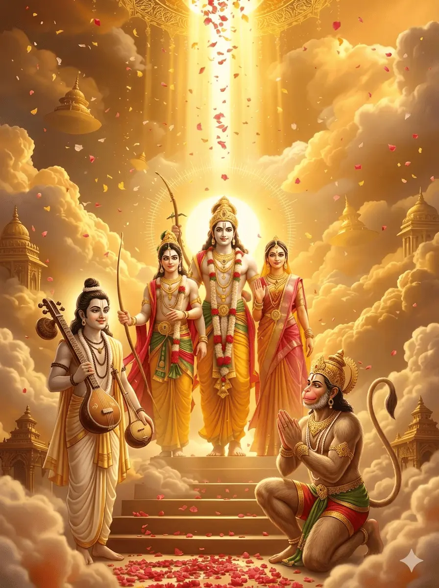 "A divine scene of Lord Rama's celestial court beneath a golden, glowing sky. Standing at the center with a radiant halo, Rama is joined by Goddess Sita and Lakshmana. On the sides, Sage Narada holds his veena while Lord Hanuman kneels respectfully at their feet in deep devotion."
