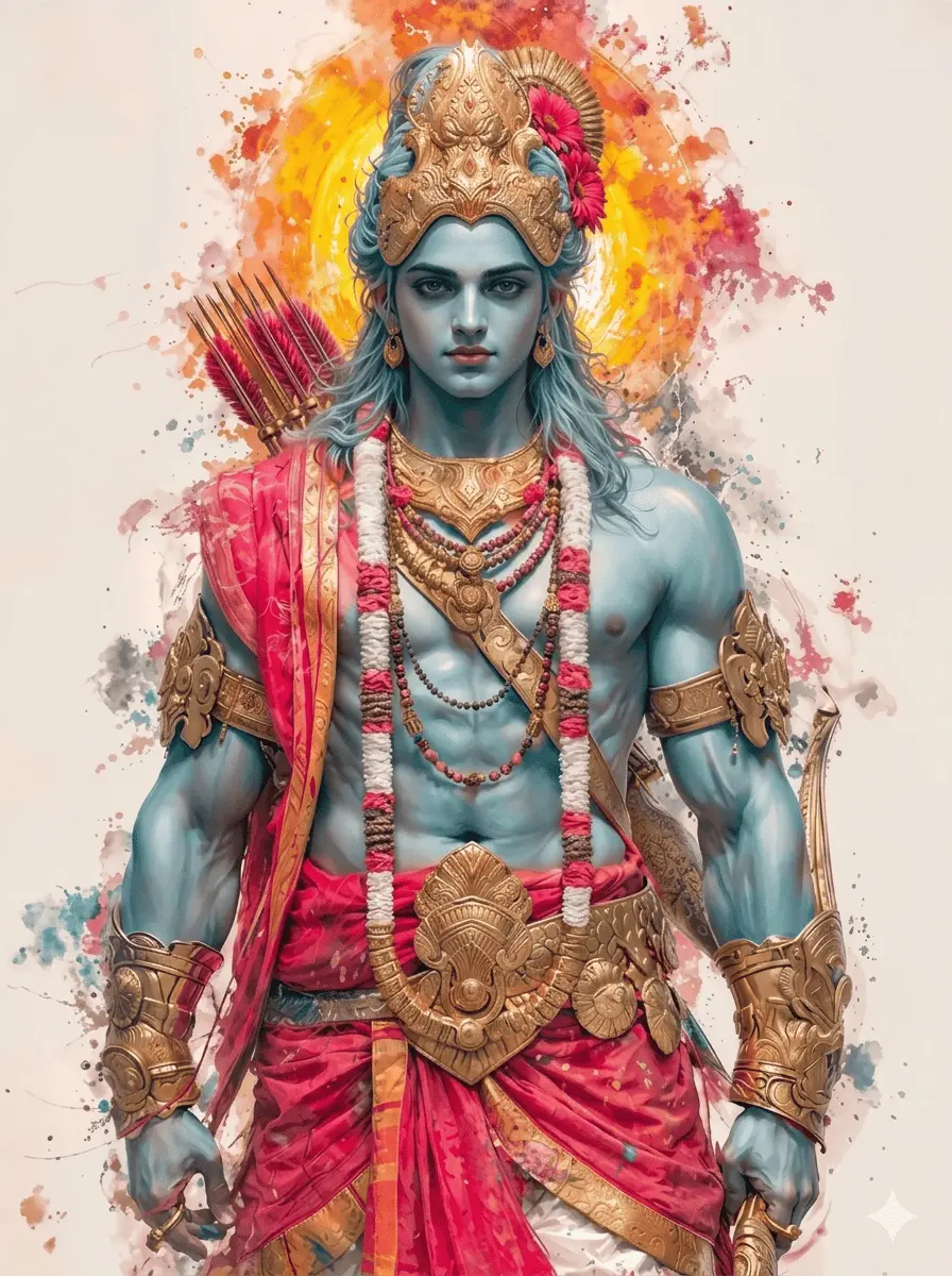 A beautiful watercolor portrait of Lord Rama looking ahead with a peaceful and focused expression. He wears a majestic golden crown with traditional jewelry, and a quiver of arrows is visible on his back against a colorful pink and orange background. AI Generated