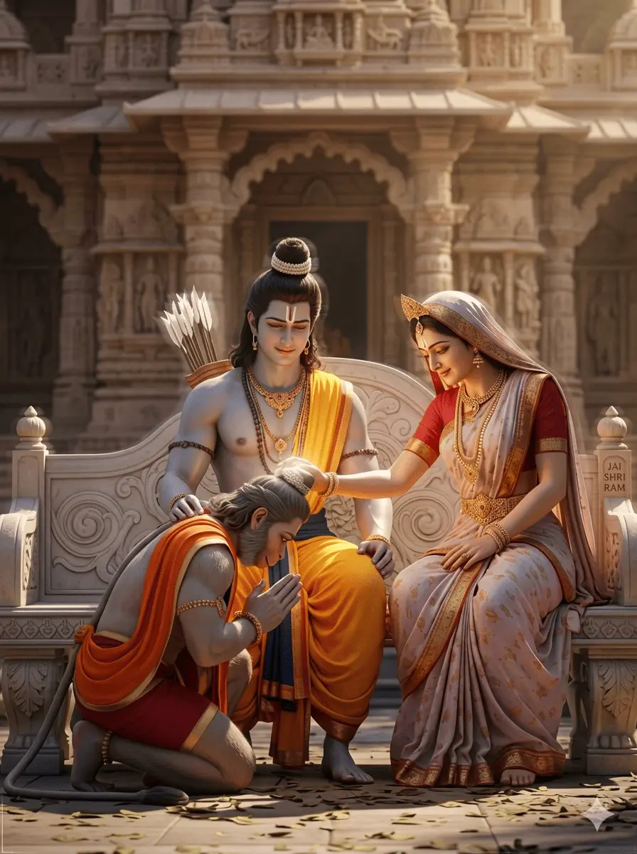 Lord Ram and Goddess Sita sitting outside a temple, giving blessings to Lord Hanuman who is kneeling before them.