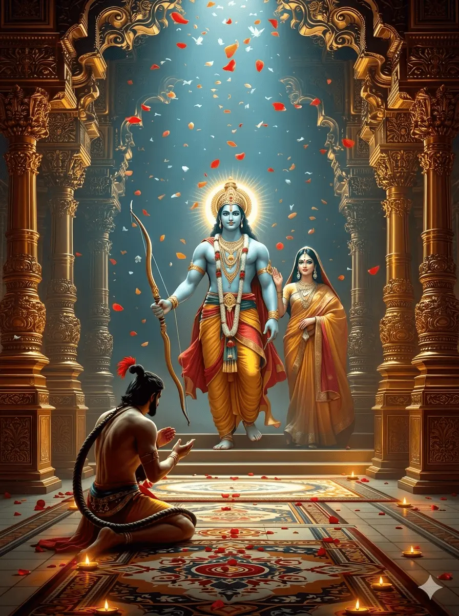 An artwork of Lord Ram and Sita Mata standing between golden pillars under a divine light, with Hanuman Ji bowing down before them amidst flower petals and oil lamps.