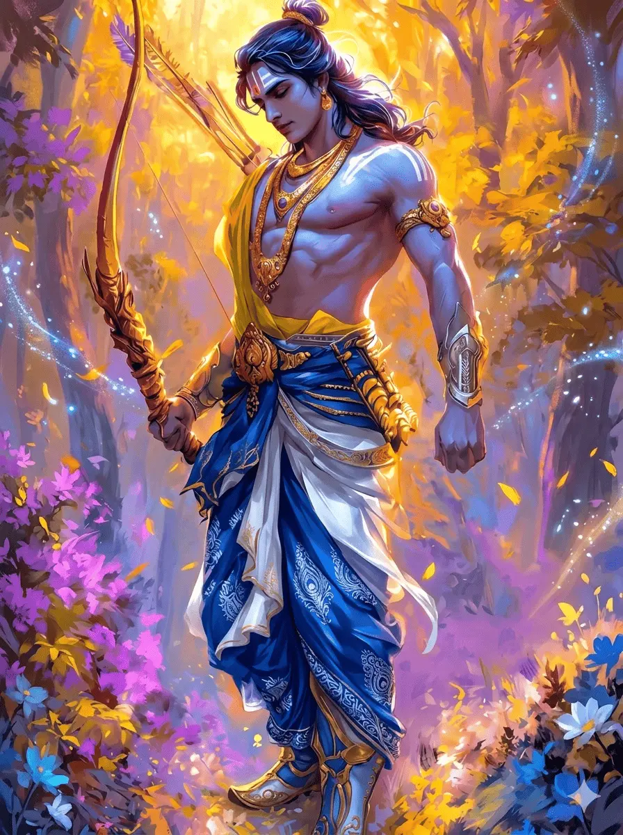 A beautiful painting of Lord Rama standing peacefully in a magical glowing forest. He holds a finely carved golden bow with a quiver on his back, and wears traditional blue and white clothing paired with elegant gold jewelry. AI Generated