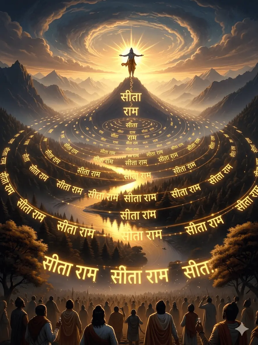 A beautiful digital painting of Lord Rama standing with welcoming open arms on top of a mountain peak, embraced by a glowing circle of golden sun rays. A long, winding path flows down through the hills and green forests, beautifully decorated with the sacred words 'Sita Ram' glowing in Hindi script. Down below, a large group of devotees stands together, peacefully looking up at the divine light of the Lord. AI Generated