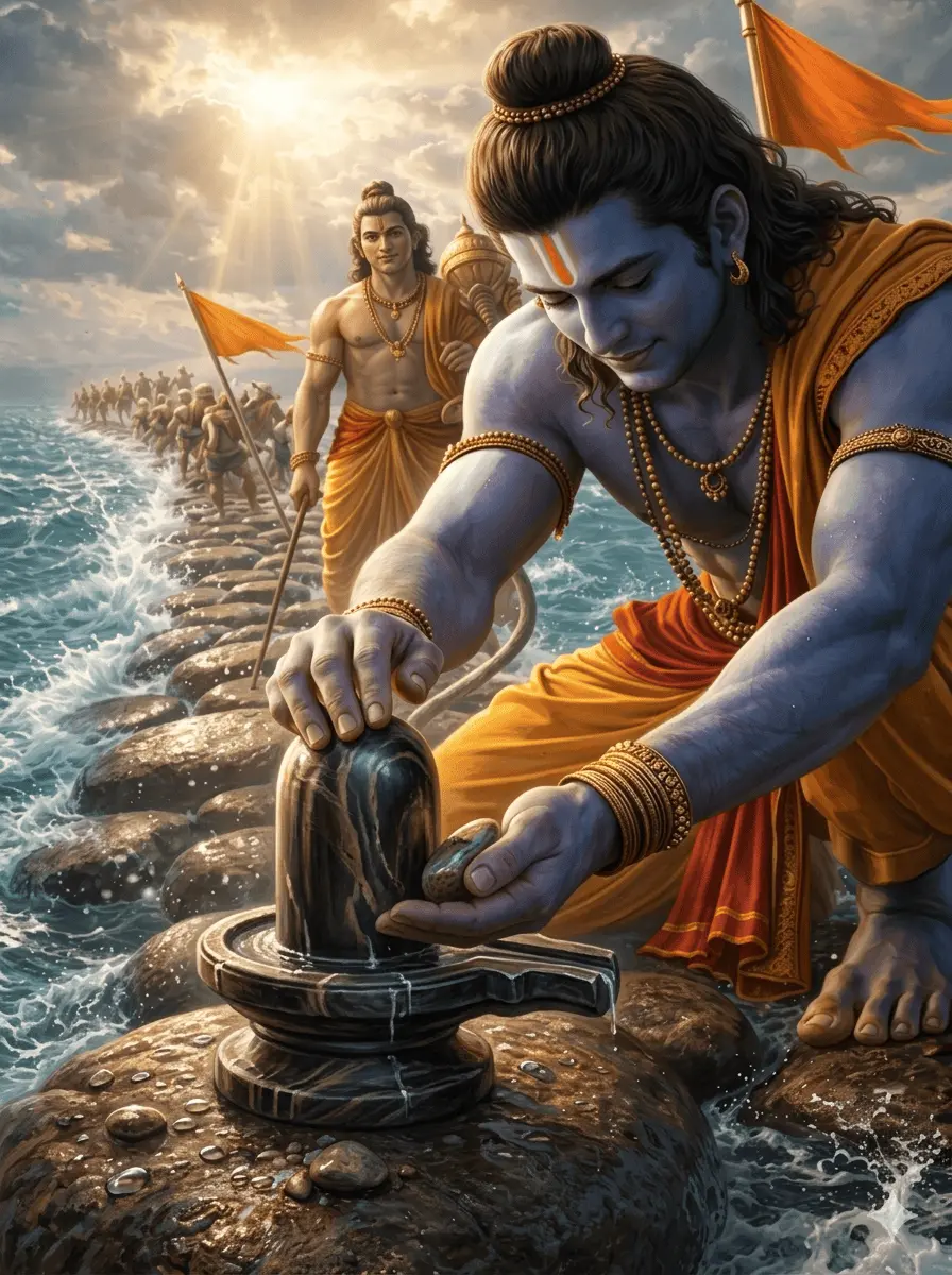 Lord Rama, depicted with blue skin and wearing traditional yellow attire, kneels in deep devotion before a dark stone Shiva Lingam on a stone path in the middle of the ocean. In the background, Lakshmana stands holding his bow, a saffron flag flutters in the wind, and the Vanara army gathers on the bridge under a bright, cloudy sky.
