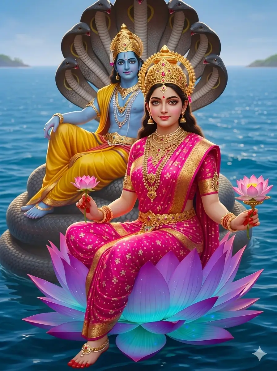A serene digital painting of Goddess Lakshmi in a bright pink saree holding lotuses, sitting on a large glowing lotus, with Lord Vishnu reclining behind her on the multi-headed serpent Sheshnag amidst a calm blue ocean. AI Generated.