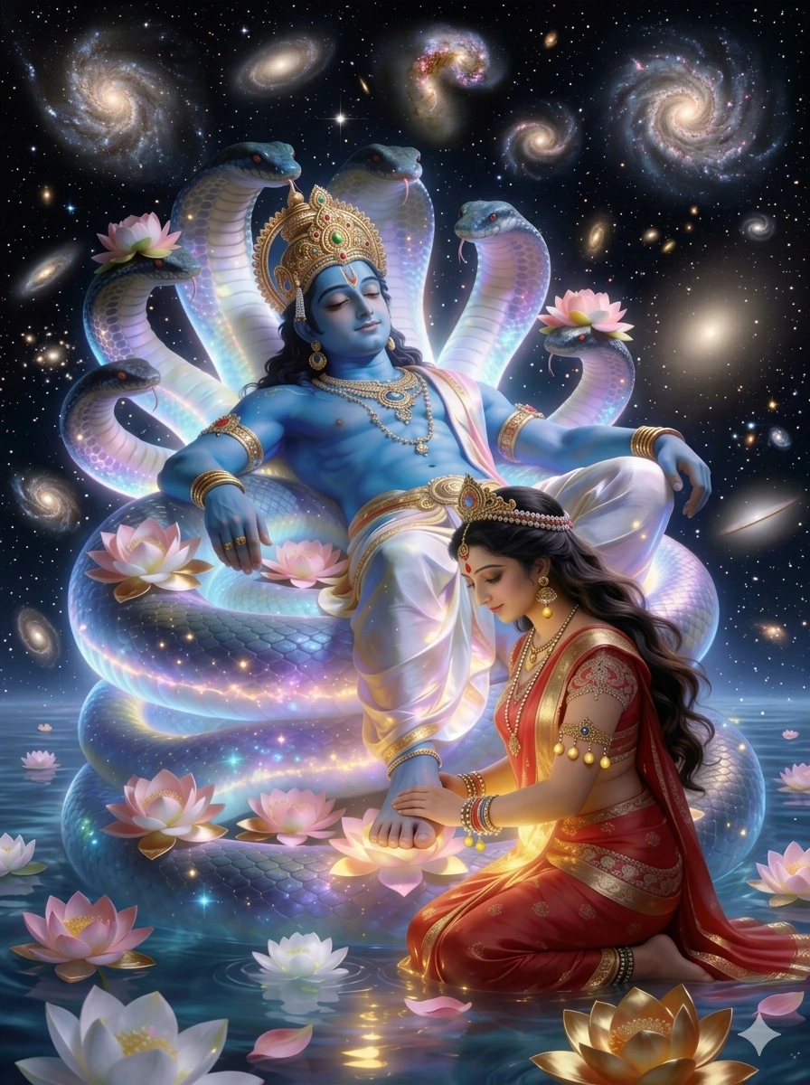 A breathtaking celestial scene showing Lord Vishnu reclining on the multi-headed serpent Sheshnag in the Ksheer Sagar, with Goddess Lakshmi at his feet, all set against a backdrop of swirling galaxies and infinite stars. AI Generated.