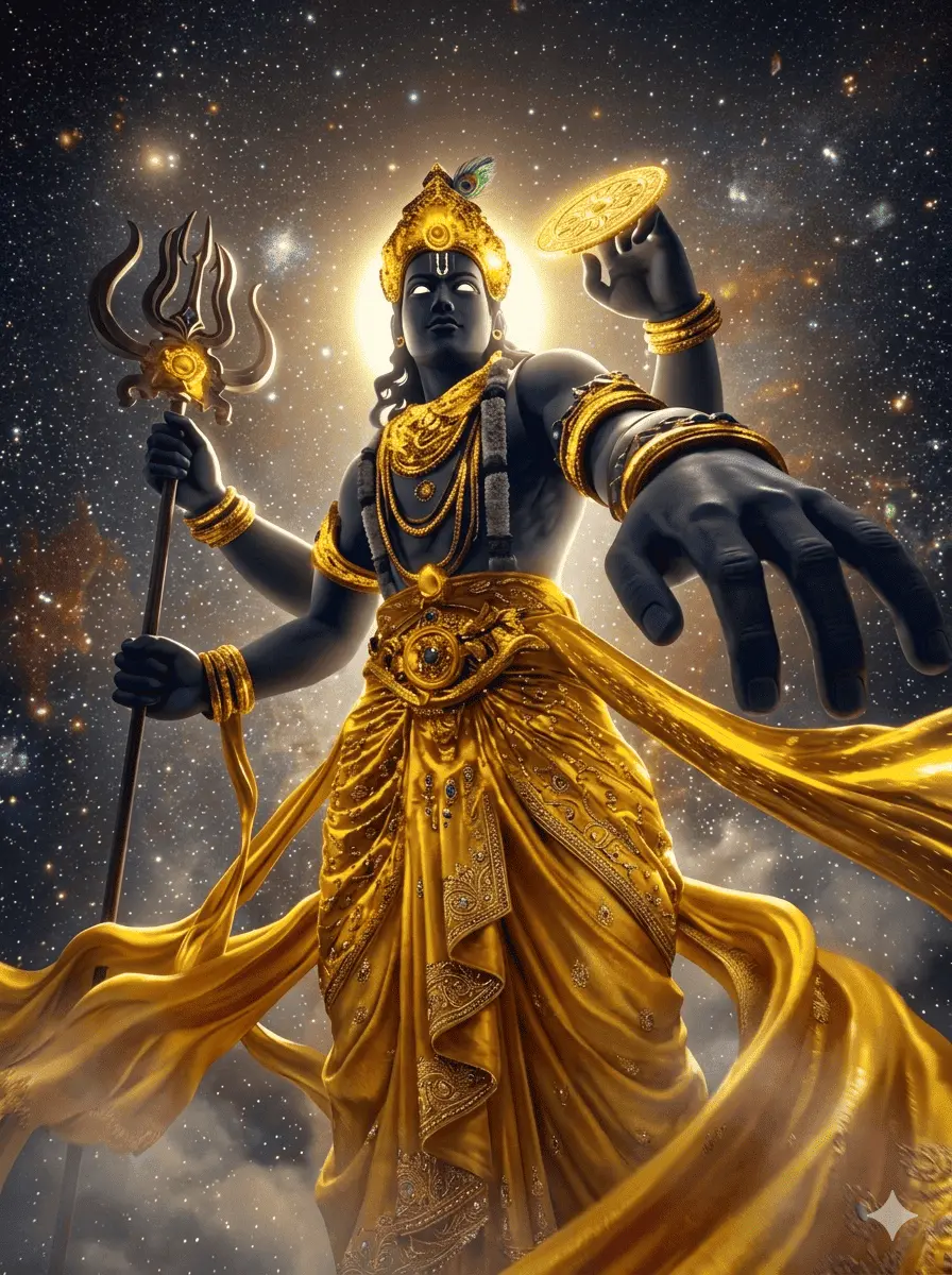 "Lord Vishnu in a majestic cosmic form, holding his sacred symbols like the Sudarshana Chakra and Trishul. He stands amidst a galaxy of stars, wearing glowing golden traditional clothing and jewels, with a hand extended in a gesture of protection.