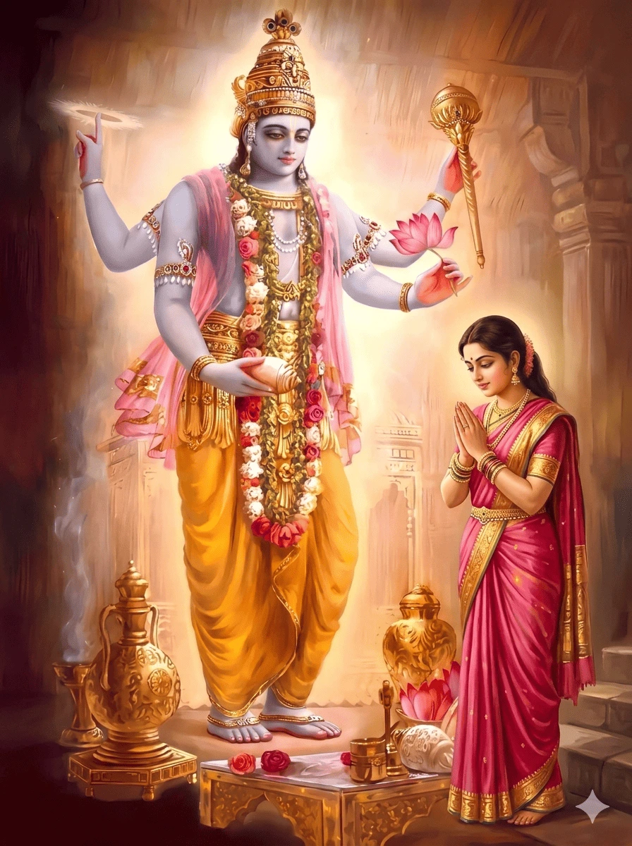 This peaceful image captures Lord Vishnu standing in a golden temple, bestowing his divine blessings upon a woman praying with folded hands. The deity is adorned in traditional ornaments and holds his celestial weapons, creating an atmosphere of deep spirituality. AI Generated.