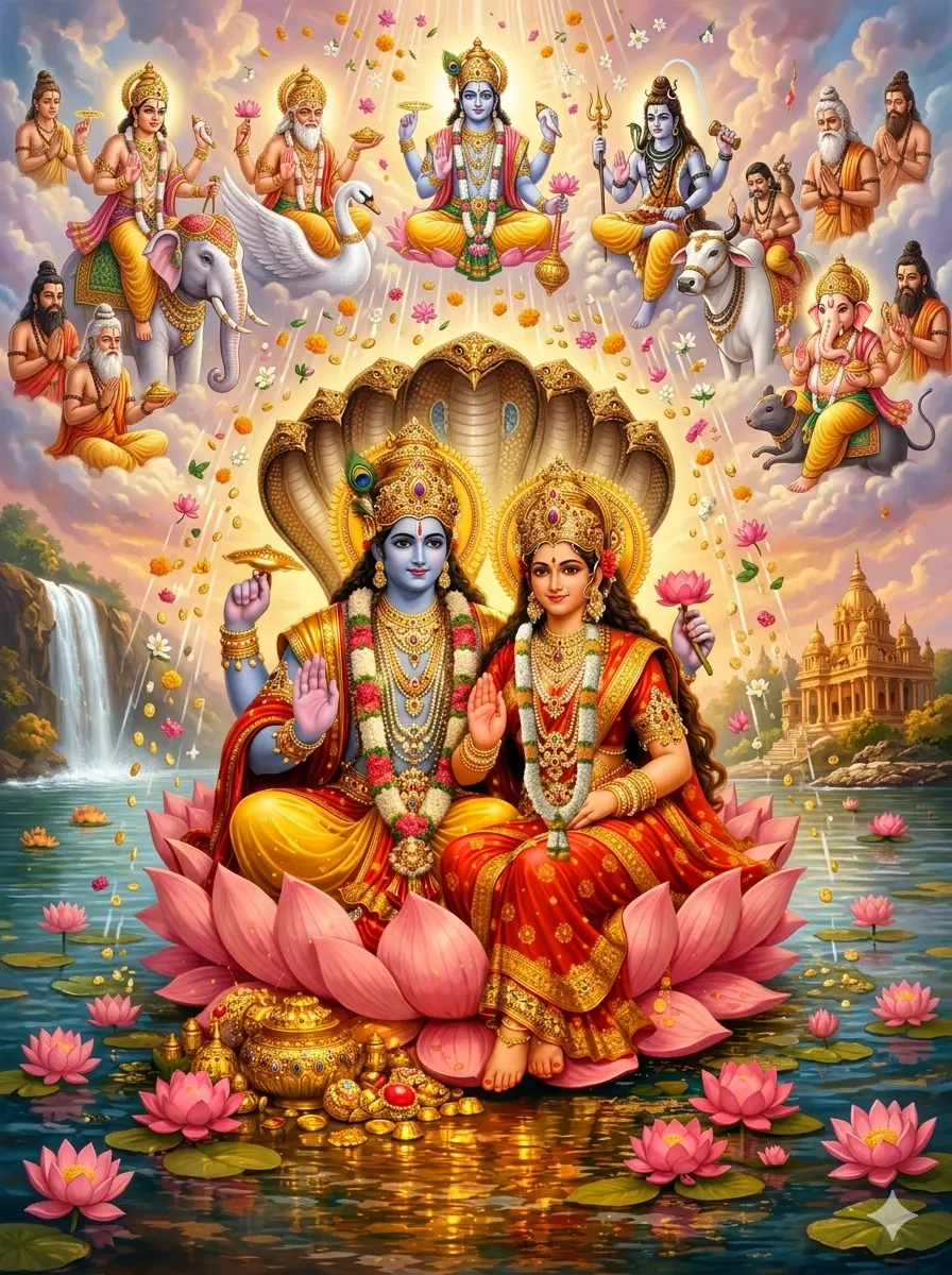 1. सरल और साफ़ शब्दों में (Simple Version):"Ek bhavya divya drishya jisme Bhagwan Vishnu aur Mata Lakshmi ek vishal gulabi kamal par virajman hain. Unke charo aur Bhagwan Brahma, Shiva, Ganesha, Indra Dev aur vibhinn rishi-muni maujood hain. Yeh pura drishya ek pavitra jheel ke upar bane swarn swarg ka hai