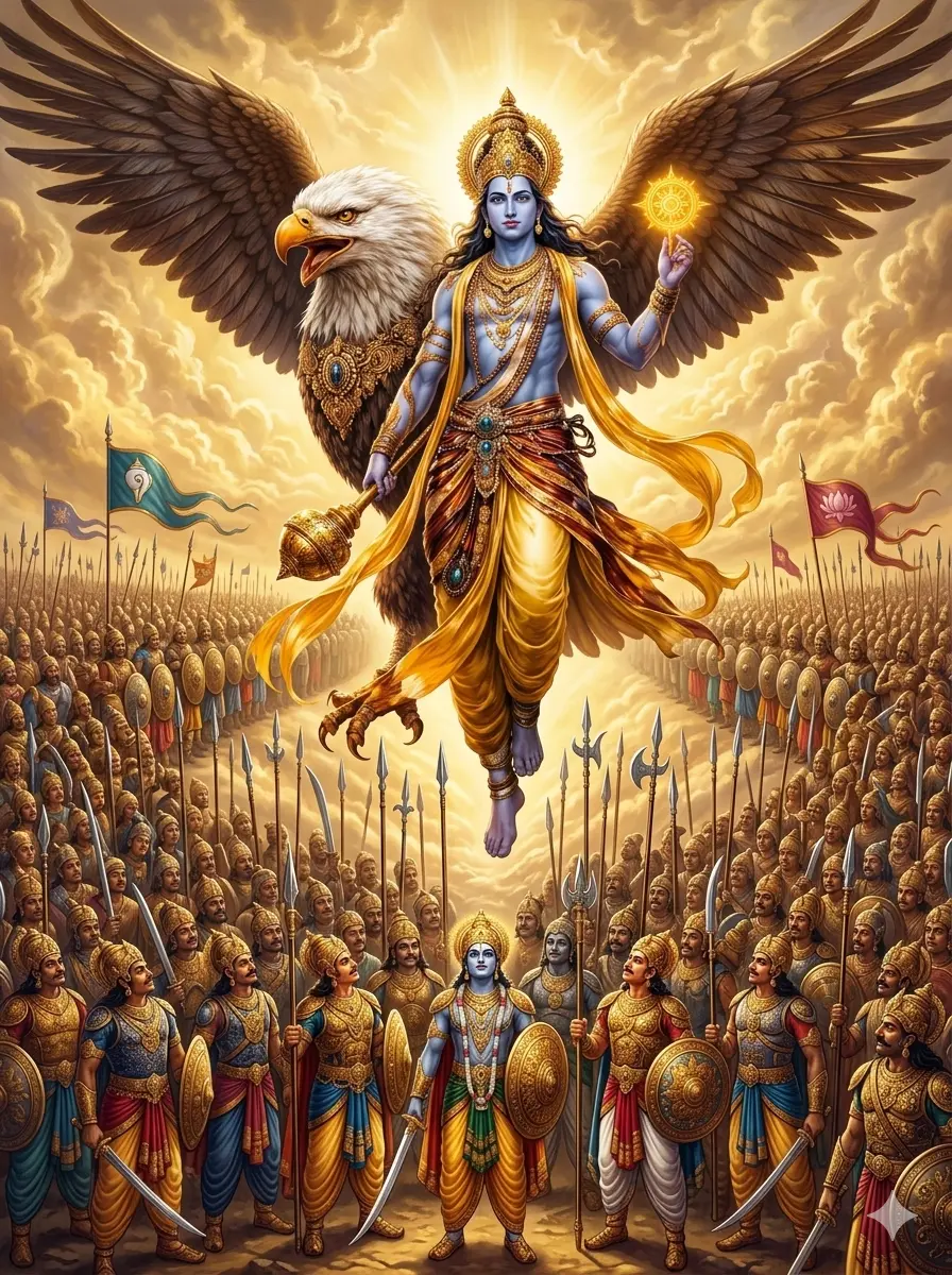 A majestic digital painting of Lord Vishnu with four arms, holding his divine weapons and the Sudarshana Chakra, soaring above the Kurukshetra battlefield on his vahana, the giant eagle Garuda, as a vast army of warriors looks on in reverence. AI Generated.