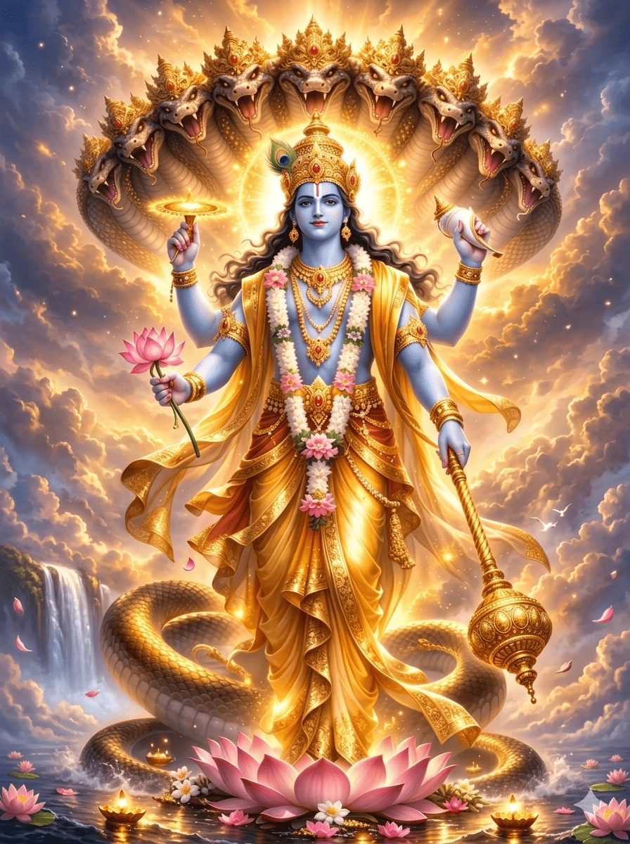 "Lord Vishnu Sheshnag ke saath, haathon mein Sudarshan Chakra aur kamal liye hue ek divya vataavaran mein."