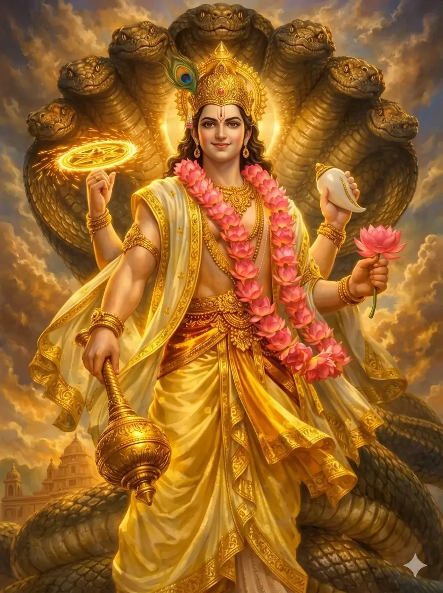 A magnificent digital painting of Lord Vishnu with four arms, holding the glowing Sudarshana Chakra, Shankha, Gada, and a Lotus, standing before the majestic multi-headed serpent Sheshnag against a golden sunset sky. AI Generated.