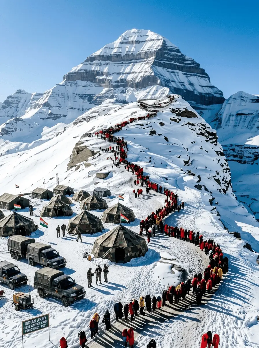 A long line of pilgrims wearing colorful winter jackets treks along a snowy mountain trail toward Mount Kailash, with an Indian Army high-altitude camp, camouflage tents, and the Indian flag in the foreground.