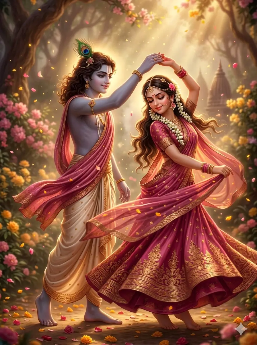 "Ek behad sundar nazara hai jahan bhagwan Krishna aur Radha Rani ek phoolon se bhare jungle mein magan hokar naach rahe hain. Radha ji ne ek pyaara sa gulabi lehenga pehna hai jo unke ghoomne par hawa mein lehra raha hai, aur Kanha apne wahi peele rang ki dhoti mein bade hi manmohak lag rahe hain. Pedon ke beech se suraj ki halki-halki kirne chhan kar un par gir rahi hain, aur aisa lag raha hai jaise aasman se phoolon ki pankhudiyan un dono par baras rahi hon. Ye manjar dekh kar mann ko sukoon milta hai."