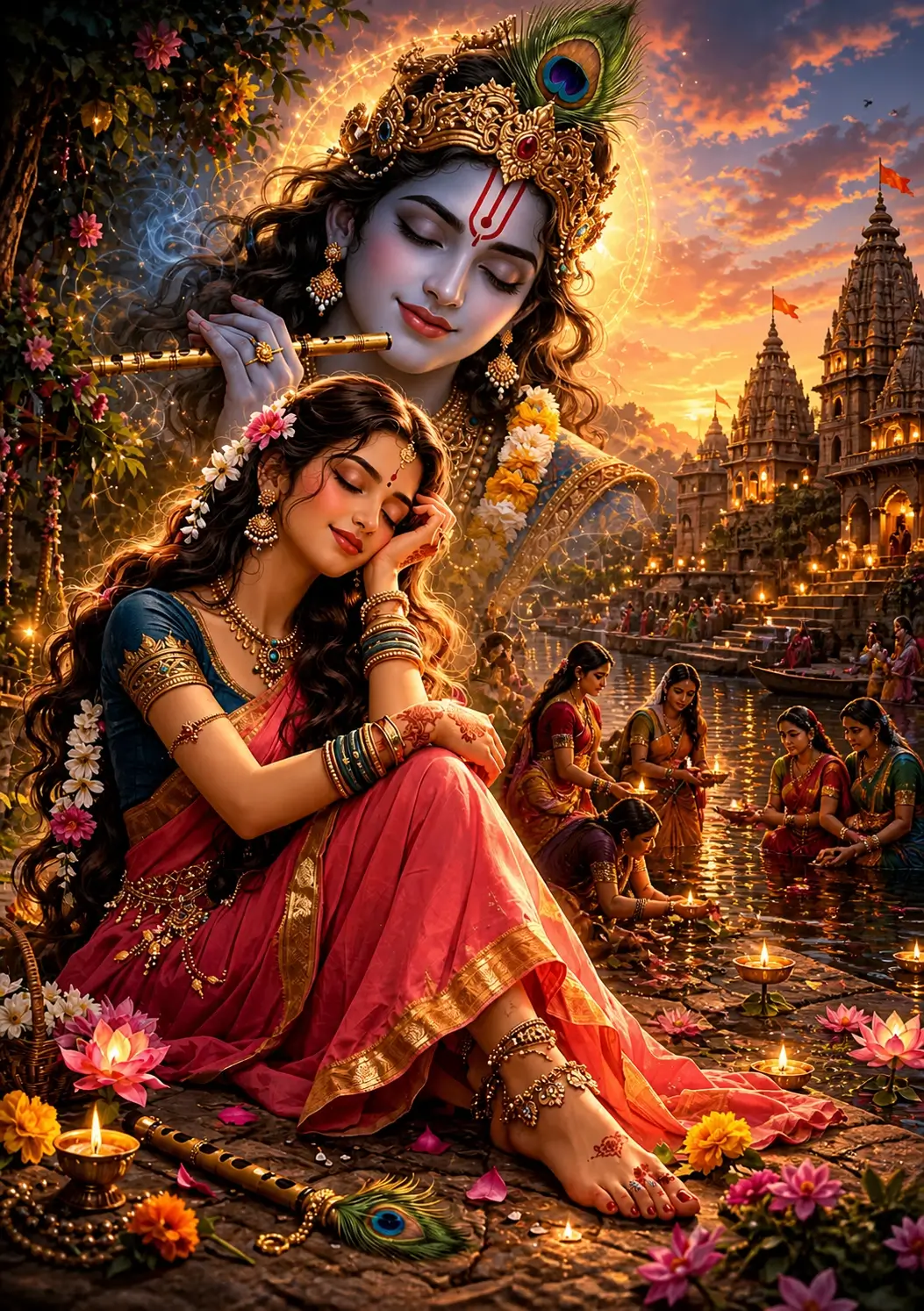 "Radha at a river ghat at sunset, divine Krishna playing flute in the background as a cosmic figure. Surrounded by gopis, lamps, and flowers. Surreal digital art, vibrant colors, spiritual energy, masterpiece."