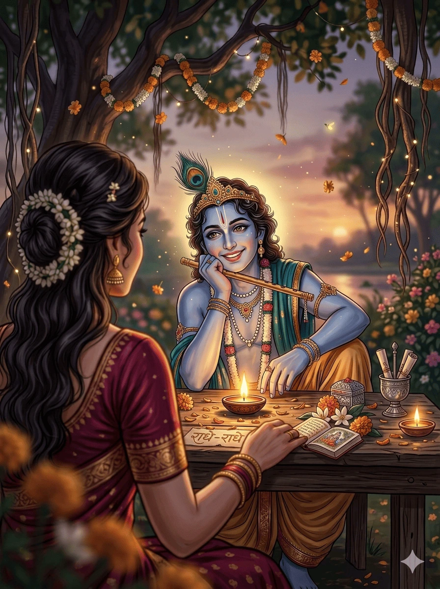 "Lord Krishna aur Radha ek ped ke niche baithe hue, beech mein jalta hua diya aur shant sunset ka nazara.