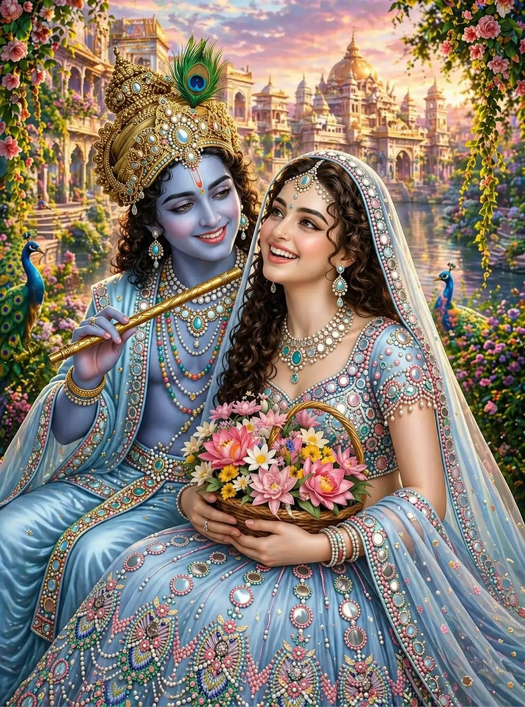 "Divine couple Radha and Krishna in a lush garden, wearing light blue mirror-work traditional attire. Krishna with a golden flute, Radha with a lotus basket. Background shows a golden palace and peacocks. Hyper-realistic, ornate details, stunning spiritual digital art."