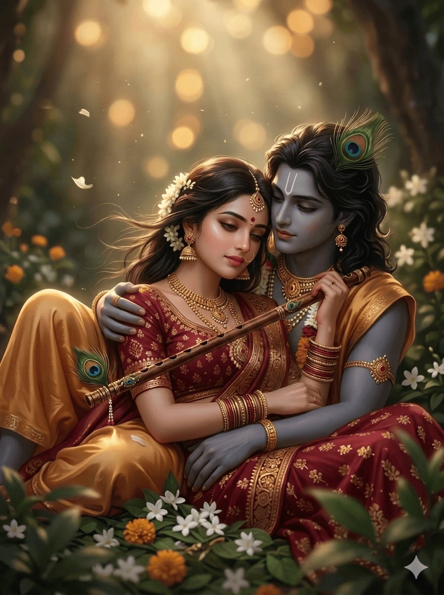 Radha aur Krishna ek ghane jungle mein ek saath baithe hue, dono ne ek hi bansuri pakdi hai aur pedon se chhan kar aati suraj ki roshni unhein gher rahi hai."