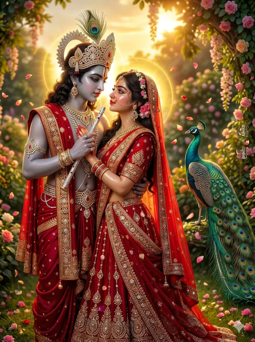 In this beautiful picture, Radha and Krishna are sitting close together, looking deeply into each other's eyes with a lot of love. They are wearing stunning, deep red traditional clothes that are covered in heavy gold work. They are in a bright, sunny garden full of colorful flowers, and a majestic peacock is sitting calmly right next to them. The whole scene feels very peaceful and royal."