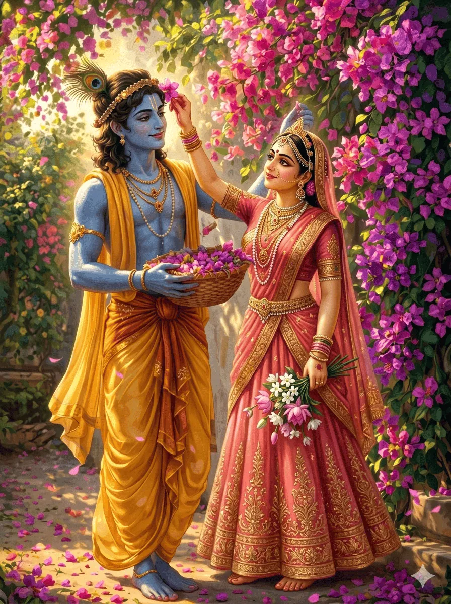 "In this beautiful scene, Radha and Krishna are standing in a lush garden filled with flowers. Krishna is holding a basket overflowing with blossoms, while Radha lovingly tucks a pink flower into his crown. Radha looks stunning in a heavily embroidered pink saree, and Krishna looks charming as ever in his classic yellow dhoti. Pink floral vines surround them, and the ground is softly covered with scattered petals."