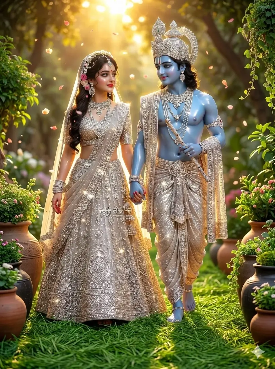 "Lord Krishna and Radha Rani walking hand-in-hand in a lush green sanctuary. They are dressed in heavy golden and silver ethnic wear that glows brilliantly. Krishna with his signature flute. Background features a scenic garden with hanging flower pots and radiant sunlight. Vibrant colors, sharp details, heavenly atmosphere."