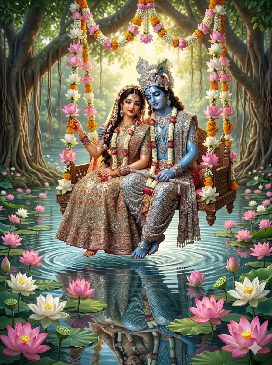 "Beautiful artwork of Radha and Krishna on a decorated wooden swing over a pond filled with lotuses. A large, majestic banyan tree with hanging roots in the background. Traditional Indian aesthetics, rich textures on their clothing, vibrant pink and white lotus details. Spiritual, calm, and highly detailed digital art."
