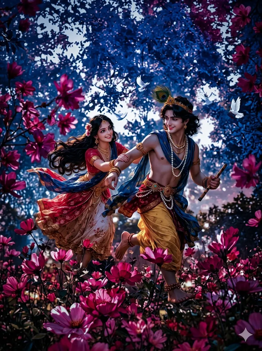 It is a lively and joyful scene where Radha and Krishna are playfully running through a magical forest. The forest is unique, with beautiful blue-toned trees and a carpet of deep pink flowers everywhere. Krishna is leading the way, holding his flute, while Radha follows right behind him. Both of them have big smiles and are laughing together. To make the moment even more special, a flock of white birds is flying all around them as they run."
