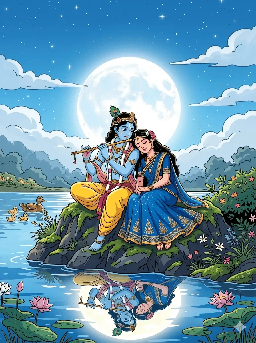 "This cute, cartoon-style artwork shows Radha and Krishna sitting peacefully on a rock by the river. Krishna is playing his flute while Radha rests her head on his shoulder in a moment of pure calm. Behind them, a massive, glowing full moon lights up the starry blue sky. You can see their perfect reflection in the clear river water, where ducks are swimming near blooming lotus flowers."
