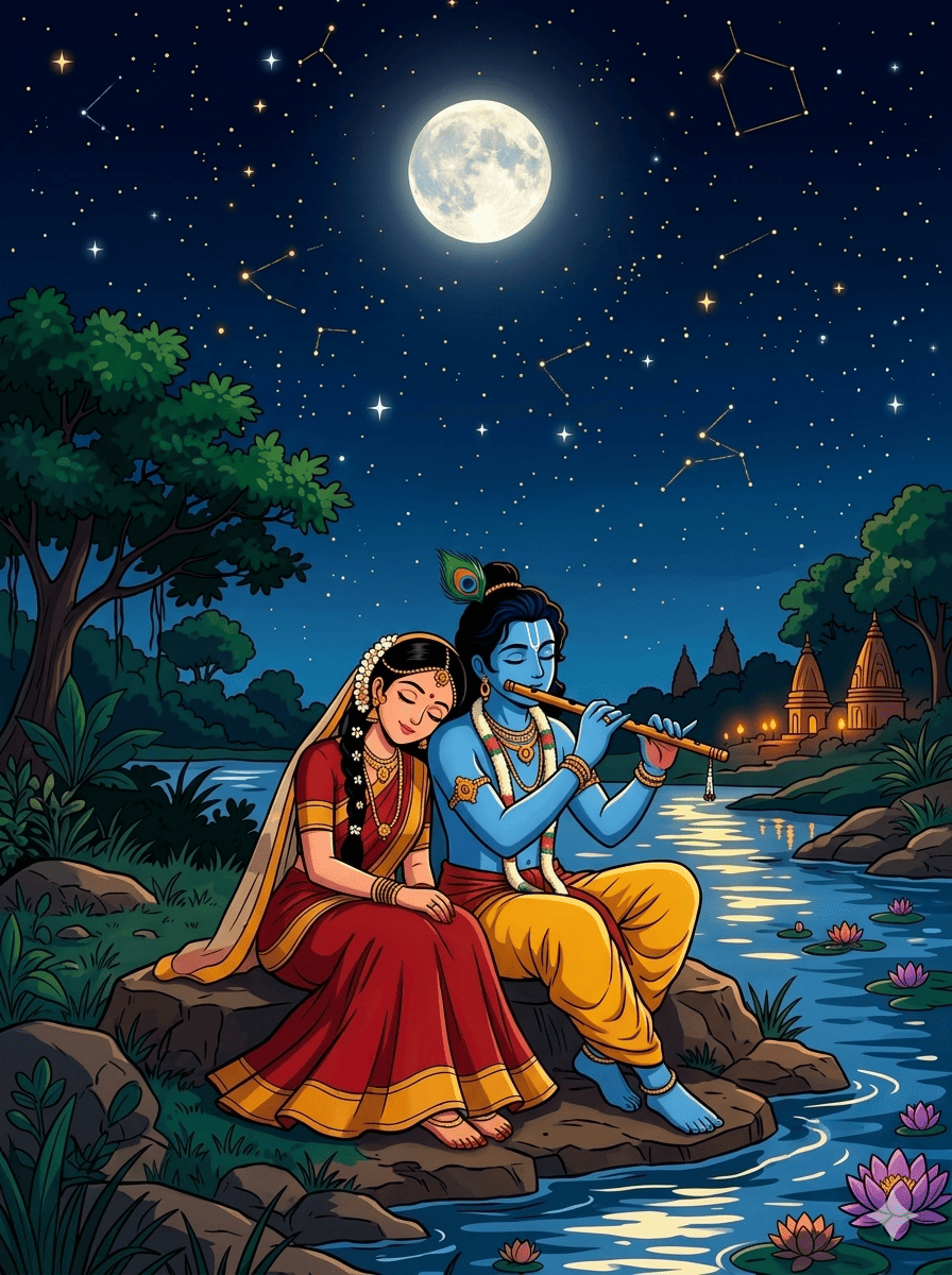 Purnima ki raat mein nadi kinare baithe Radha-Krishna, jahan Radha Krishna ke kandhe par sar rakh kar unki bansuri sun rahi hain."