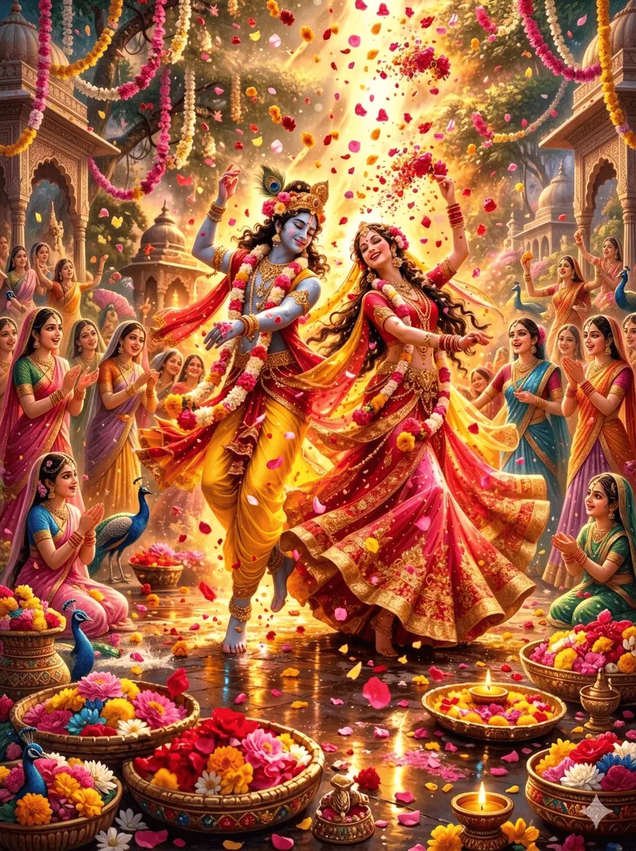 "This vibrant picture captures Radha and Krishna dancing joyfully in Vrindavan, surrounded by a group of Gopis. Flowers are showering down from the sky, and the scene is lit up with glowing diyas and baskets of colourful petals. Krishna is dressed in bright yellow and red, while Radha Rani looks breathtaking as she twirls in a heavy red and gold lehenga. Everyone has a smile on their face, making the whole atmosphere feel like a grand, divine celebration."