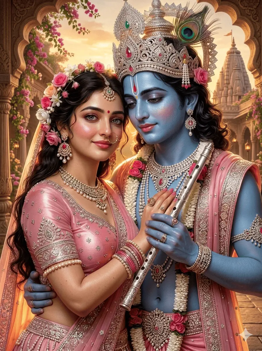 "A beautiful and serene depiction of Radha and Krishna standing together in a temple courtyard. Krishna holds his flute, and Radha looks graceful in pink, capturing a moment of pure, divine love.