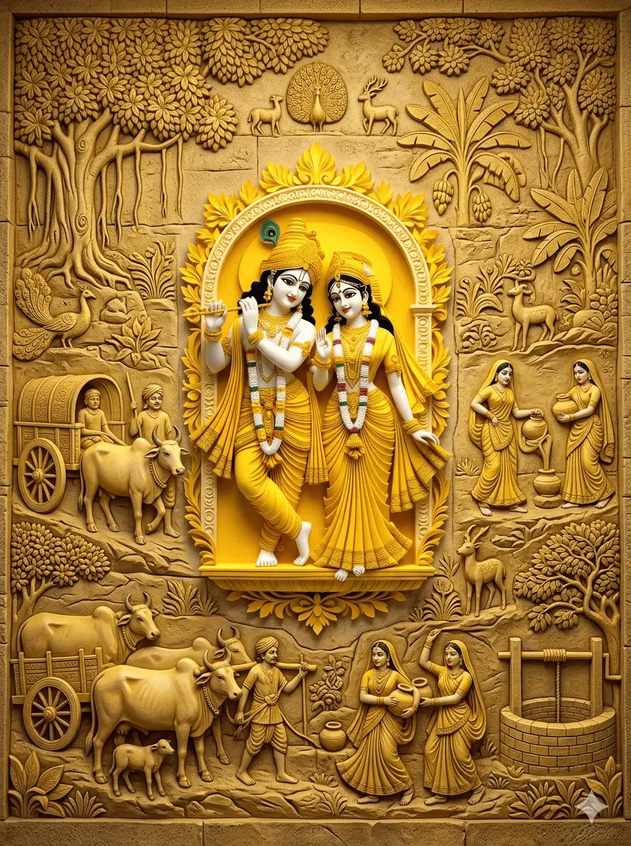"This beautiful stone carving captures Radha and Krishna standing together in a golden arched doorway. They are dressed in vibrant yellow attire, with Krishna gracefully playing his flute. Surrounding them is a detailed mural of rural Vrindavan, filled with scenes of grazing cows and deer, bullock carts, and Gopis carrying water pots. The entire artwork has a soft yellow sandstone finish, giving it a timeless, ancient feel."