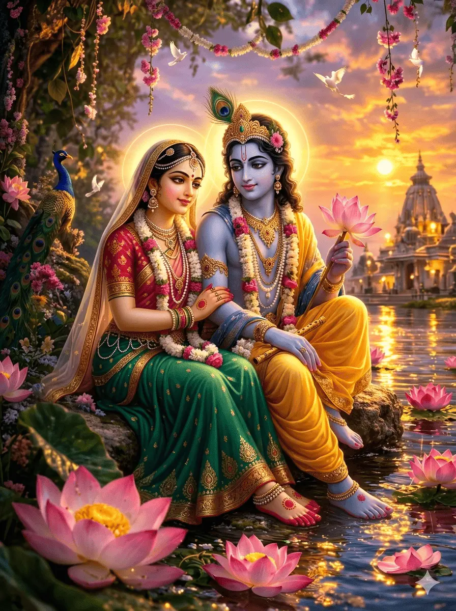 "This beautiful scene captures Radha and Krishna sitting by the riverside at sunset. Krishna is dressed in his signature yellow attire, gently holding a pink lotus flower, while Radha Rani looks stunning in a traditional green and red outfit. The river is filled with blooming lotuses, and in the background, a grand temple stands tall against the setting sun, which bathes everything in a warm, golden glow. A peacock sits nearby, and you can see white birds flying across the evening sky."