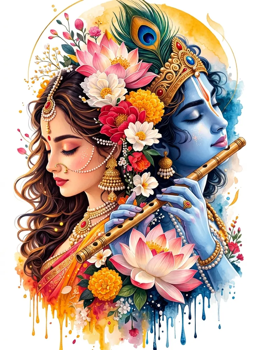 "Modern watercolor style art of Radha and Krishna. Vibrant floral adornments on their faces, golden flute, and a large stylized peacock feather in the backdrop. Dynamic paint splatters, wet-on-wet technique, bright spiritual colors, and a clean artistic vibe."