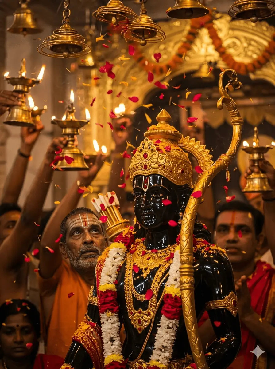 "Close-up of Ram Lalla black stone idol in Ayodhya, adorned with golden jewelry and crown, featuring falling red flower petals and devotees performing aarti with brass lamps."