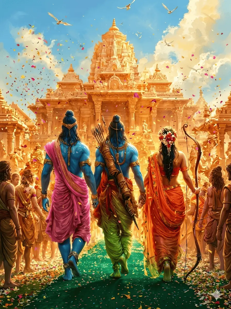 A beautiful back-view digital art of Lord Ram, Lakshman, and Mata Sita holding hands and walking together towards a grand golden temple while a festive crowd showers them with colorful flower petals under a bright sunny sky, AI Generated.4. Caption