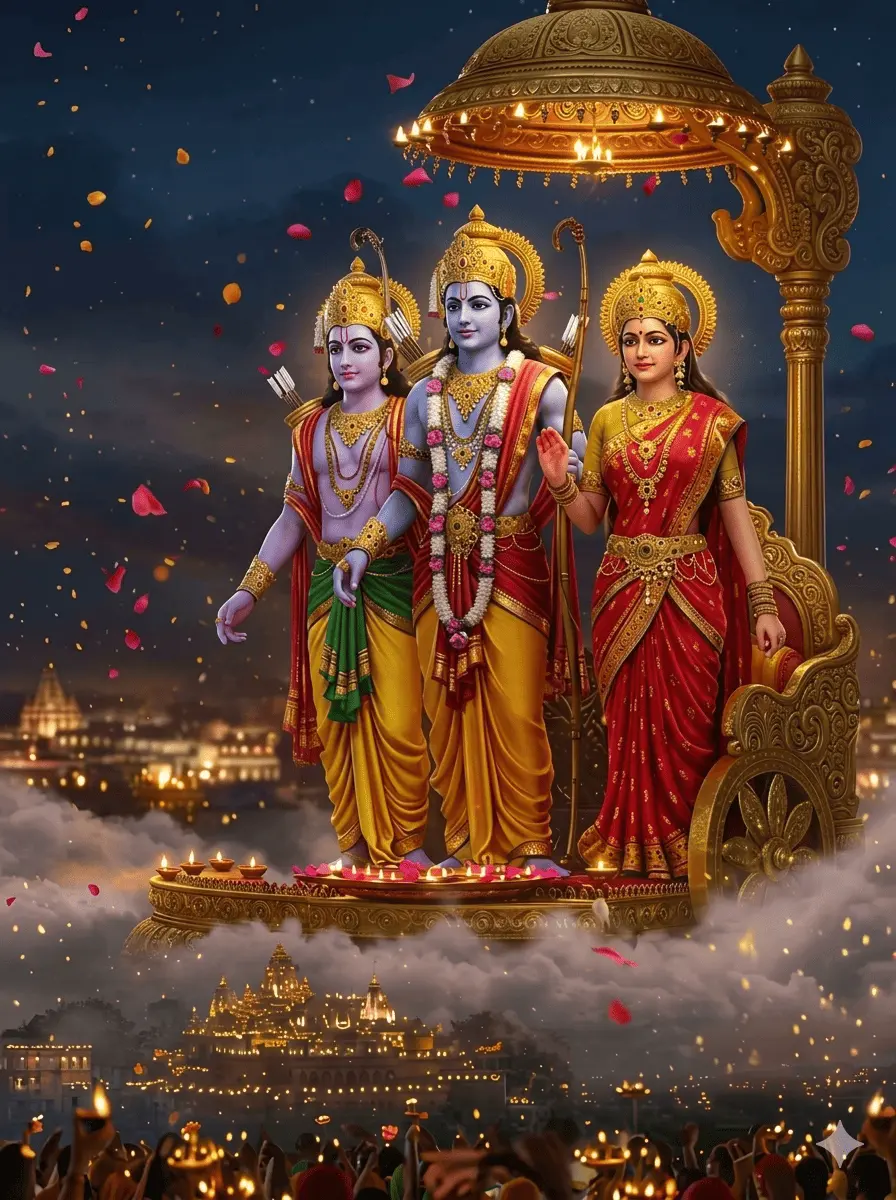 "Pushpak Viman par sawar Shri Ram, Mata Sita aur Lakshman ki divya tasveer, niche hazaron diyon se jagmagati Ayodhya nagri aur upar se baraste phoolon ki pankhudiyaan