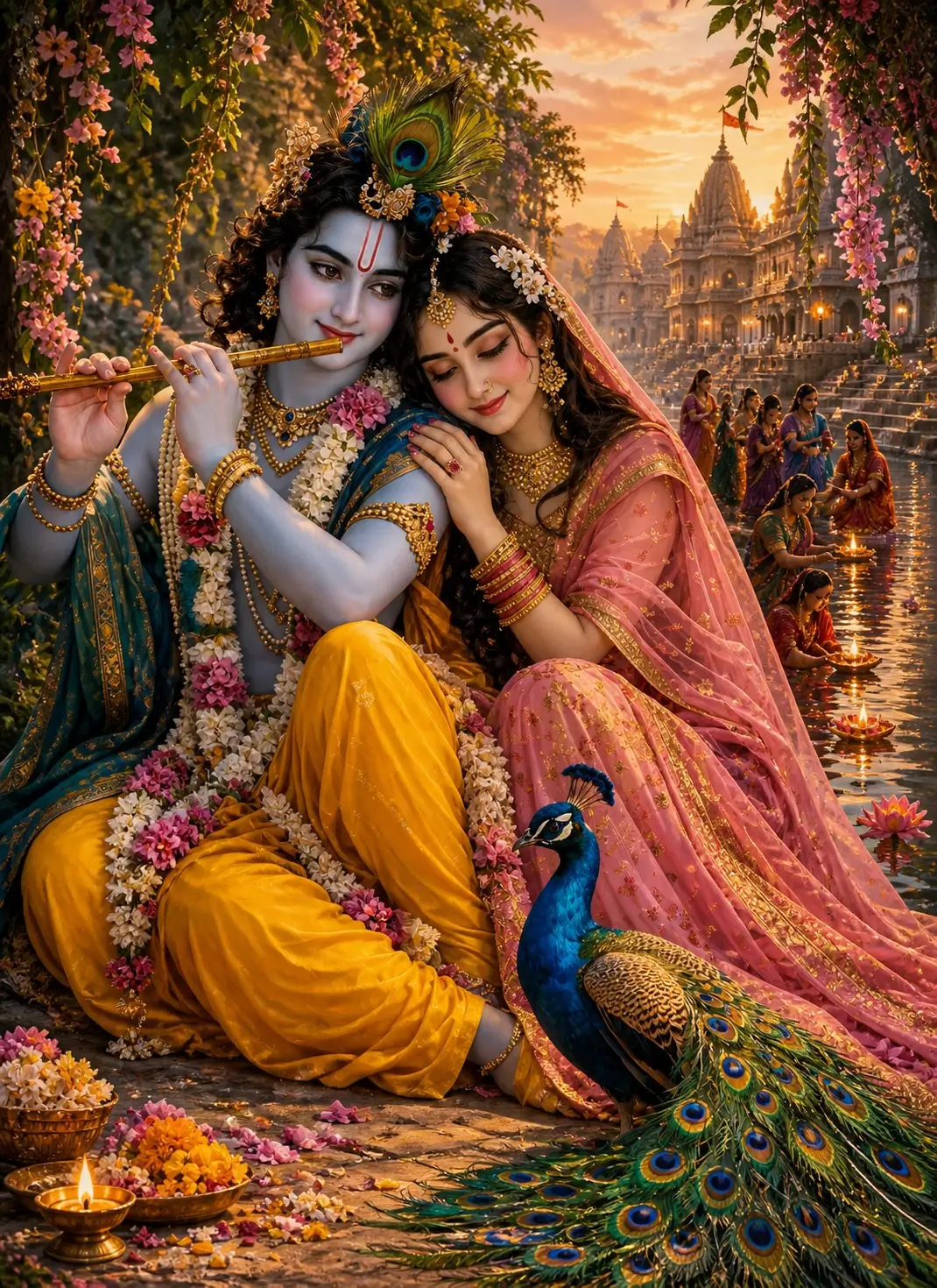 "Lord Krishna playing flute with Radha resting her head on his shoulder at a river ghat. Sunset background with ancient temples, peacocks, and flowers. Devotees lighting lamps in the distance. Soulful, traditional Indian art style, vibrant sunset glow, highly detailed."