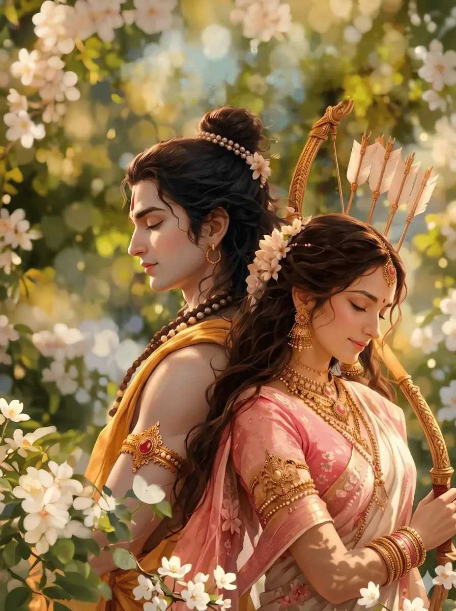 "A serene moment of Lord Rama and Goddess Sita standing back-to-back with closed eyes in a beautiful garden filled with white blossoms. Lord Rama wears traditional yellow attire with his hair tied in a neat bun, while Goddess Sita is dressed in a soft pink and cream saree, gently holding a golden bow and arrow."