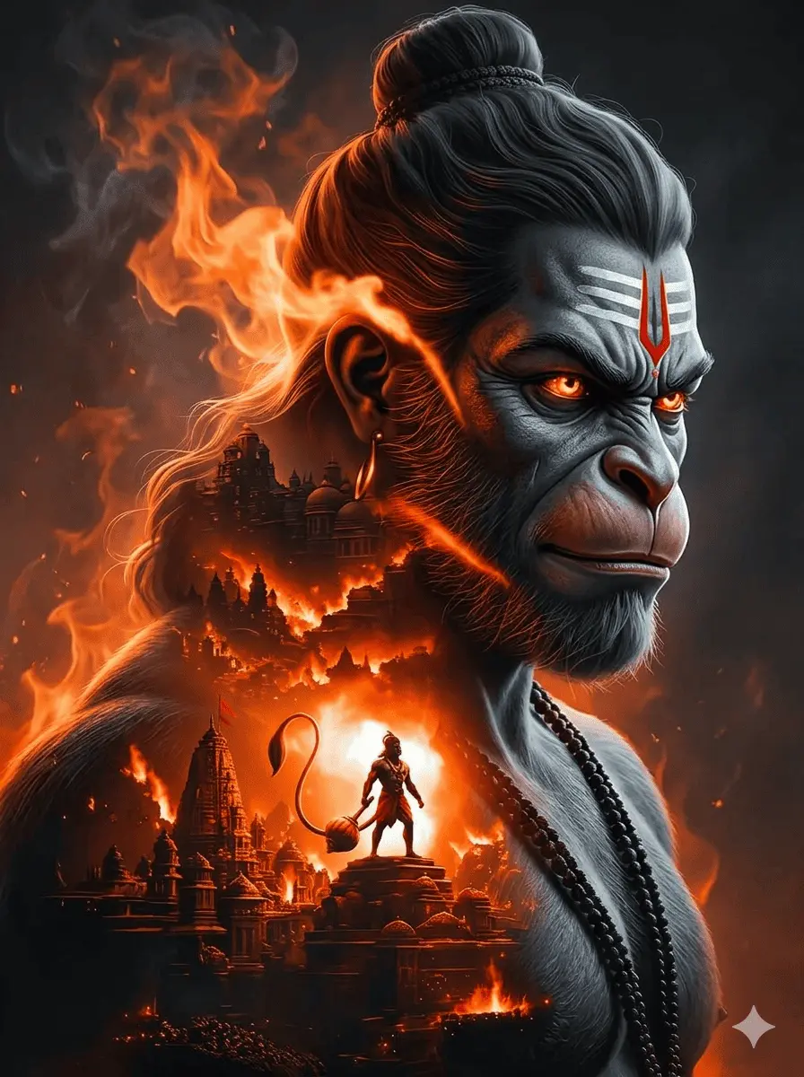 A powerful digital artwork of an angry Lord Hanuman during the Lanka Dahan episode. He has fierce orange glowing eyes, a dynamic hair bun with flames erupting from his hair, and a sharp red and white tilak on his forehead. Within his dark profile, a detailed silhouette of burning temples and a mini figure of Hanuman standing with his Gada amidst a golden fire cityscape are double-exposed. AI Generated