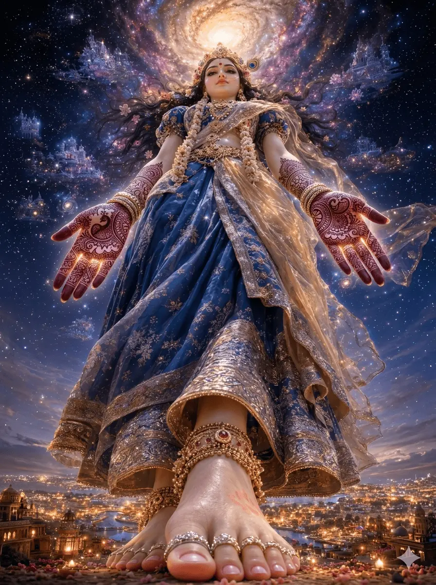 A beautiful view from below looking up at Goddess Radha standing tall as a cosmic giant over a glowing ancient city. She is wearing a dark blue traditional dress with gold patterns, fine jewelry on her feet, and detailed henna designs on her open palms. Stars, miniature floating palaces, and a bright swirling galaxy fill the night sky behind her head. AI Generated