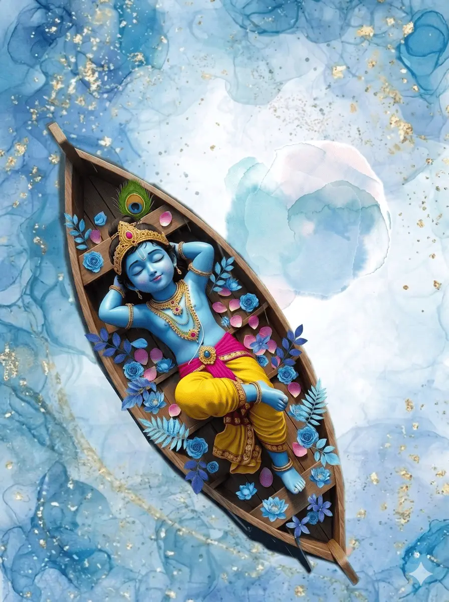 An artistic overhead depiction of a cute baby Bal Krishna peacefully sleeping inside a small wooden boat that is floating on artistic blue fluid waves decorated with blue and pink flowers, wearing a golden crown with a peacock feather, golden jewelry, and yellow garments. AI Generated