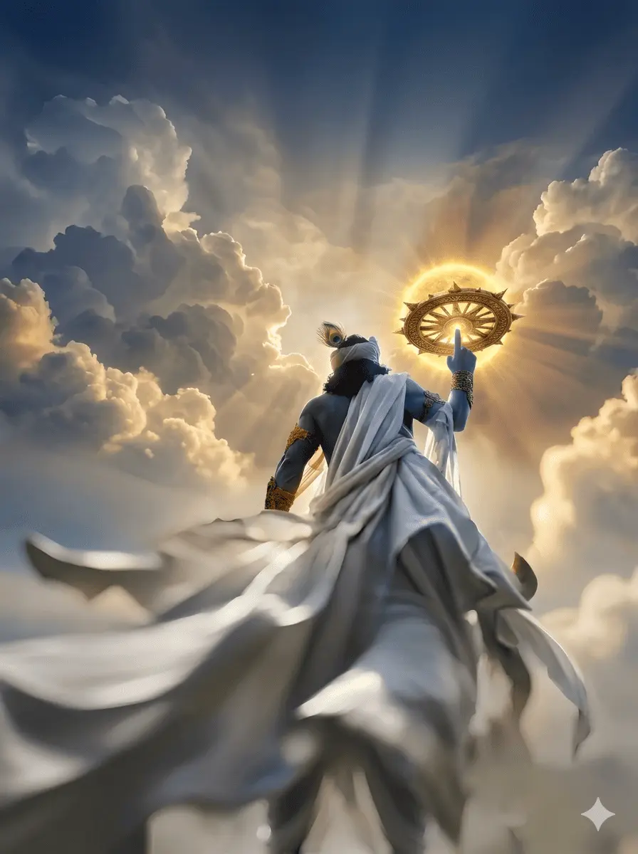 striking back-view depiction of Lord Krishna standing amidst fluffy white clouds, holding a giant glowing golden Sudarshan Chakra on his raised index finger towards the dramatic sunlit sky while wearing flowing white garments. AI Generated