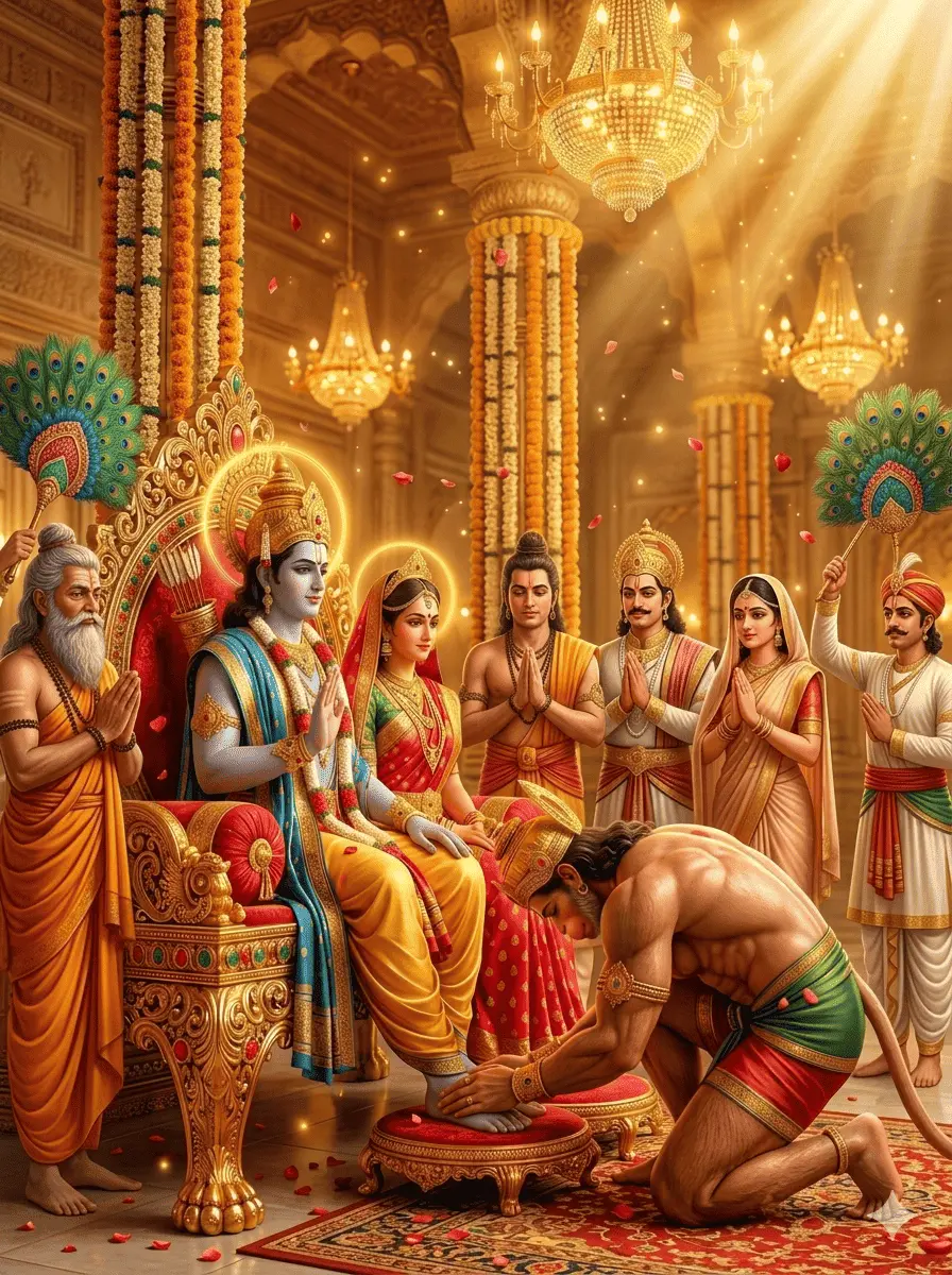 A deeply moving depiction of the iconic Ram Darbar set inside a spectacular, sunlit golden court. The scene beautifully highlights the profound bond of faith, with Lord Hanuman kneeling in absolute surrender at the feet of Lord Rama and Goddess Sita. Guarded by royal family members and Sage Vashistha in silent reverence, the palace glows with ornate carvings, festive floral garlands, and majestic chandeliers that fill the atmosphere with warmth and peace."