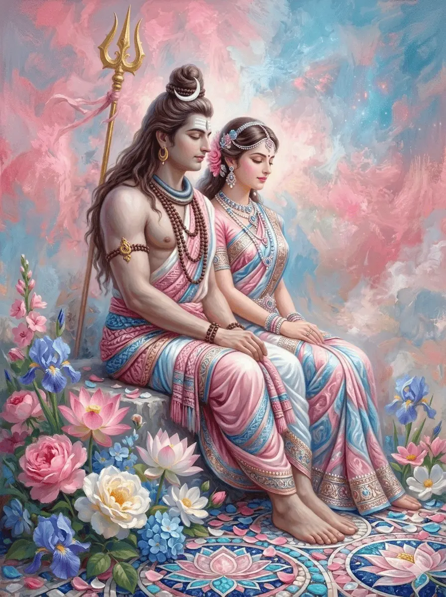 A beautiful digital painting of Lord Shiva and Goddess Parvati sitting together peacefully amidst a bed of colorful lotus and rose flowers. Lord Shiva has long hair, a crescent moon on his head, and holds his Trishul. Goddess Parvati wears an elegant pink and blue saree with traditional jewelry. The background features soft pastel clouds of pink and blue. AI Generated