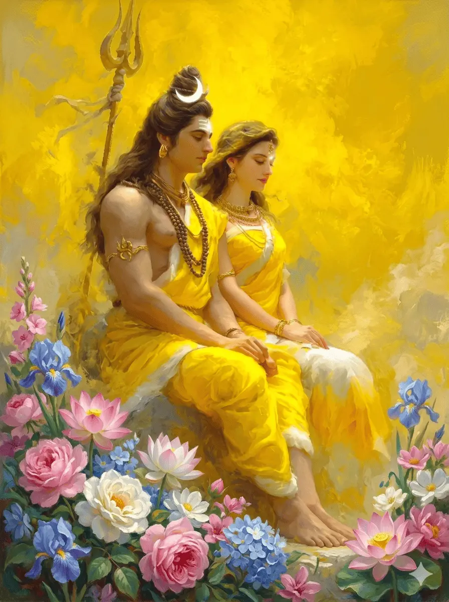 A serene digital painting of Lord Shiva and Goddess Parvati sitting side by side in a state of calm meditation. Both are dressed in vibrant bright yellow traditional attire. Lord Shiva is adorned with rudraksha beads, a crescent moon in his long matted hair, and holds his golden Trishul. Goddess Parvati is elegantly draped in a yellow saree with gold jewelry. They are surrounded by a lush bed of colorful flowers including pink lotuses, white roses, and blue irises against a glowing yellow background. AI Generated