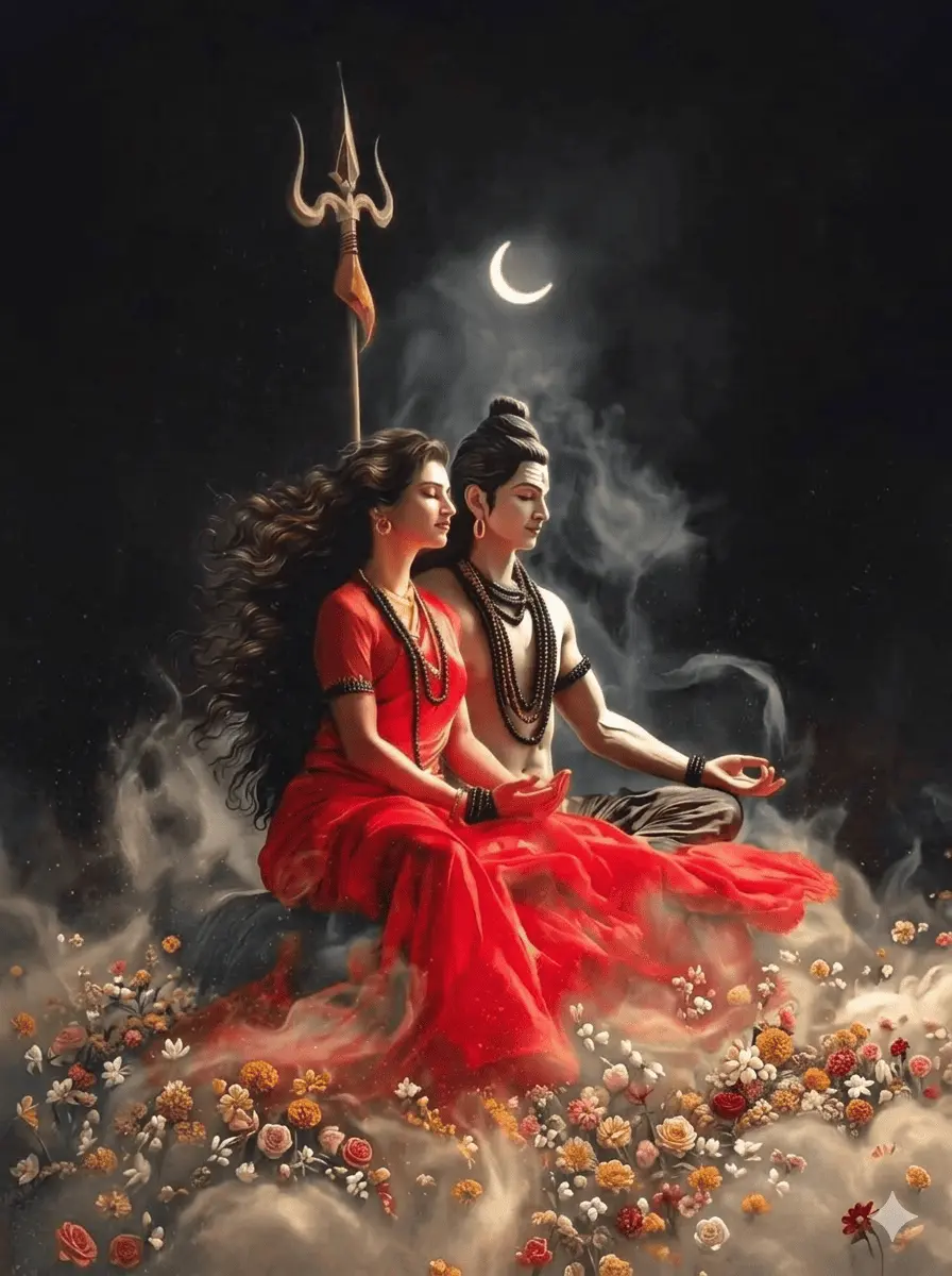 "A beautiful and peaceful digital painting showing Lord Shiva and Goddess Parvati sitting calmly side by side in deep meditation. On the left, Goddess Parvati looks elegant wrapped in a bright red saree, her long wavy hair flowing down naturally. To her right, Lord Shiva sits comfortably in a cross-legged yoga pose, wearing traditional rudraksha beads around his neck. A bright crescent moon shines softly right behind his matted hair bun, casting a gentle glow. In the background, a tall golden trident stands firmly under the dark night sky. The divine couple is nestled on a rock surrounded by a lush carpet of colorful wildflowers and swirls of magical white smoke. AI Generated