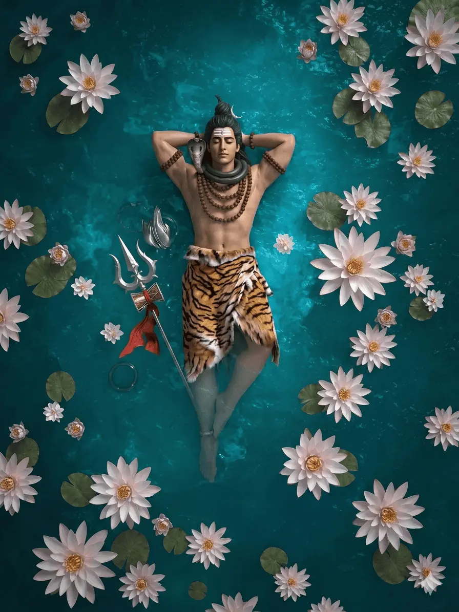 lord shiva floating in water with lotus flowers wallpaper.webp