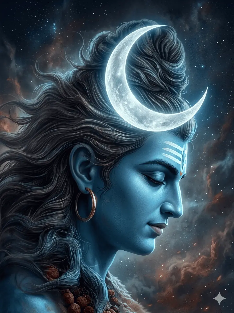 A serene close-up profile portrait of Lord Shiva with a calm facial expression and closed eyes, featuring a large glowing crescent moon nestled in his long flowing dark hair, a traditional white tripundra tilak on his forehead, a golden hoop earring, and a background filled with a starry cosmic nebula. AI Generated