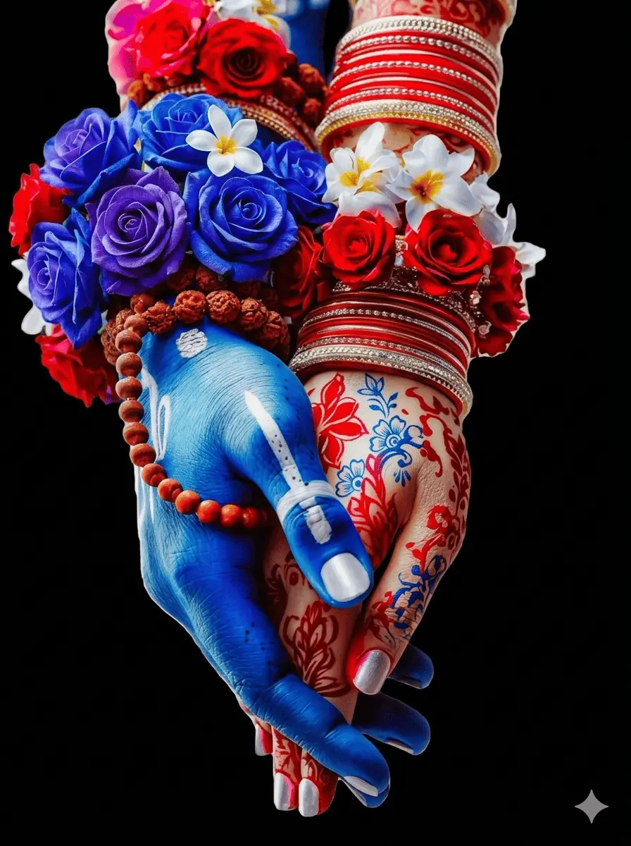 A beautiful close-up of the divine hands of Lord Shiva and Goddess Parvati intertwined against a dark background. Lord Shiva's hand is painted in a striking cosmic blue, adorned with a rudraksha bracelet and a white tilak on the thumb. Goddess Parvati's hand features intricate red and blue mehndi patterns, matching silver nail polish, and a wrist full of traditional red and golden bridal bangles. Both wrists are decorated with vibrant floral gajras made of deep blue, purple, and bright red roses, symbolizing an eternal spiritual union. AI Generated